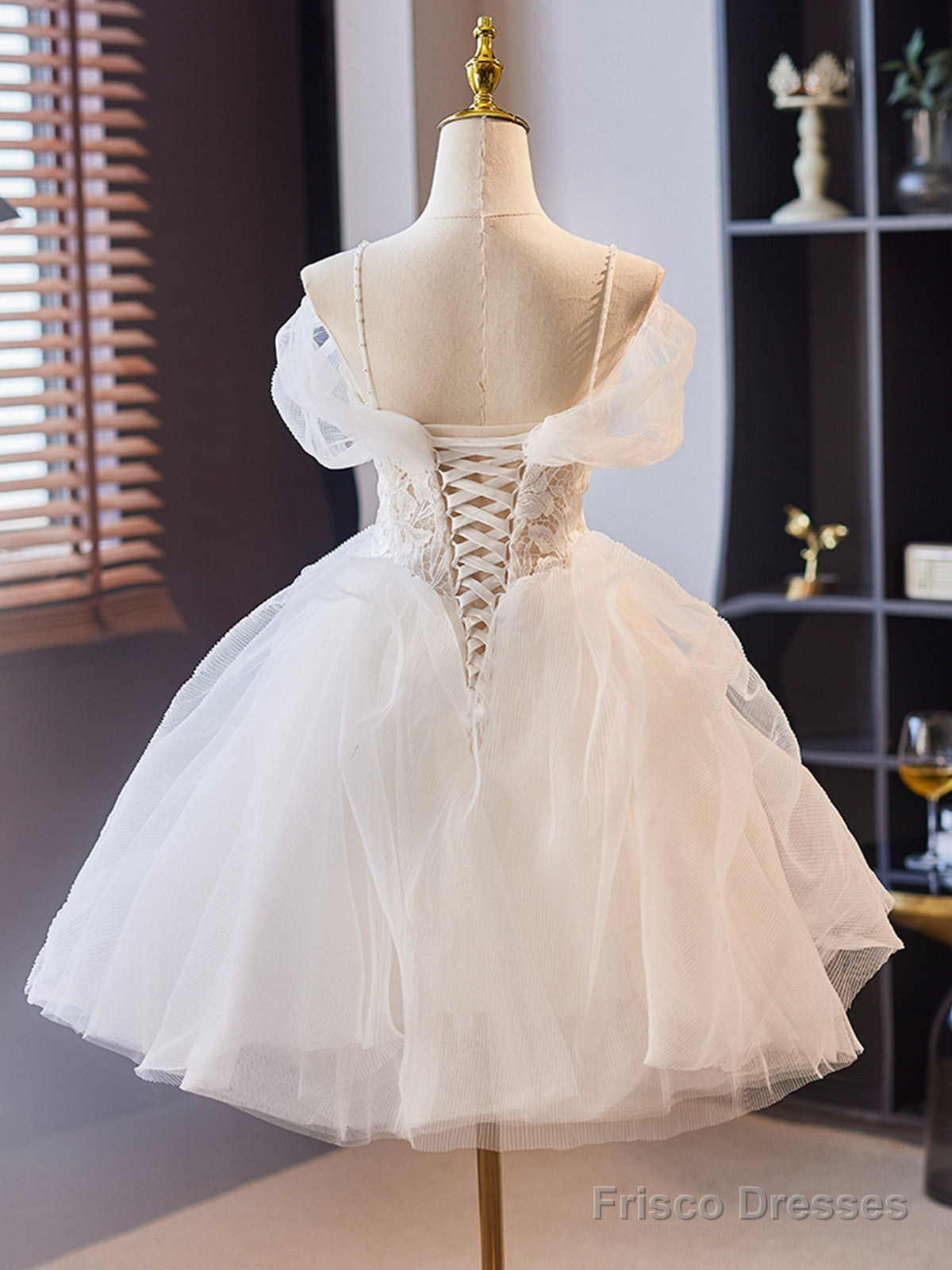 White Tulle Short Party Dress With Lace, White Straps Short Prom Dress