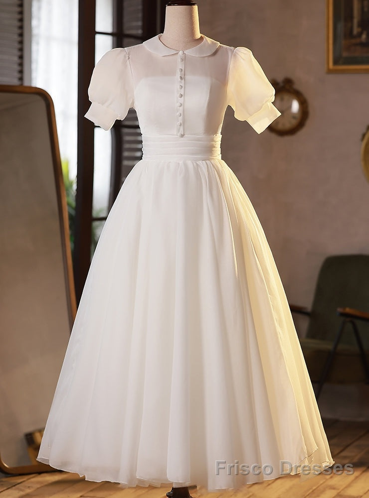 White Tulle Short Sleeve Button Wedding Dress Main image