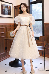 White Tulle Short Sleeve Prom Dress, Cute A-Line Party Homecoming Dress