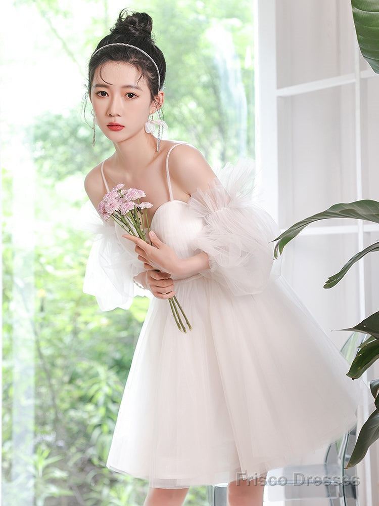 White Tulle Short Sleeves Homecoming Dress, White Party Dress Graduation Dresses