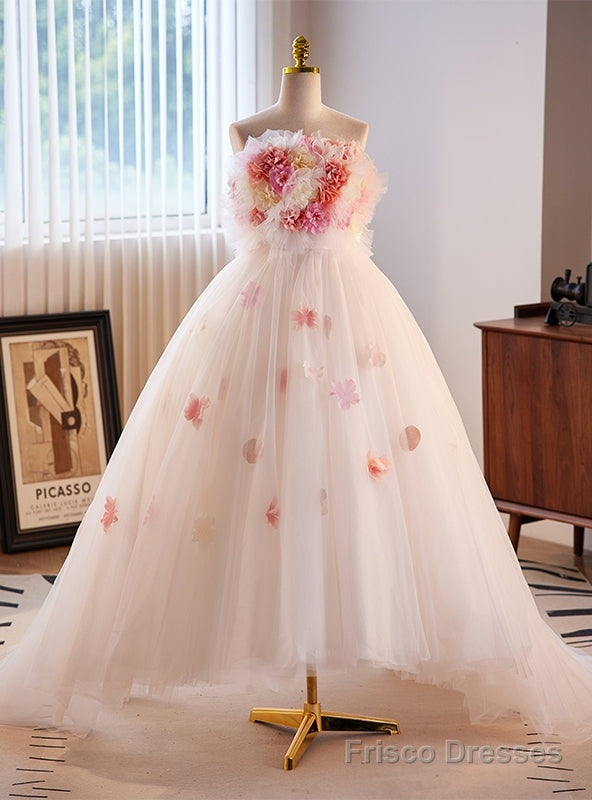 White Tulle Strapless Flower Prom Dress Main image