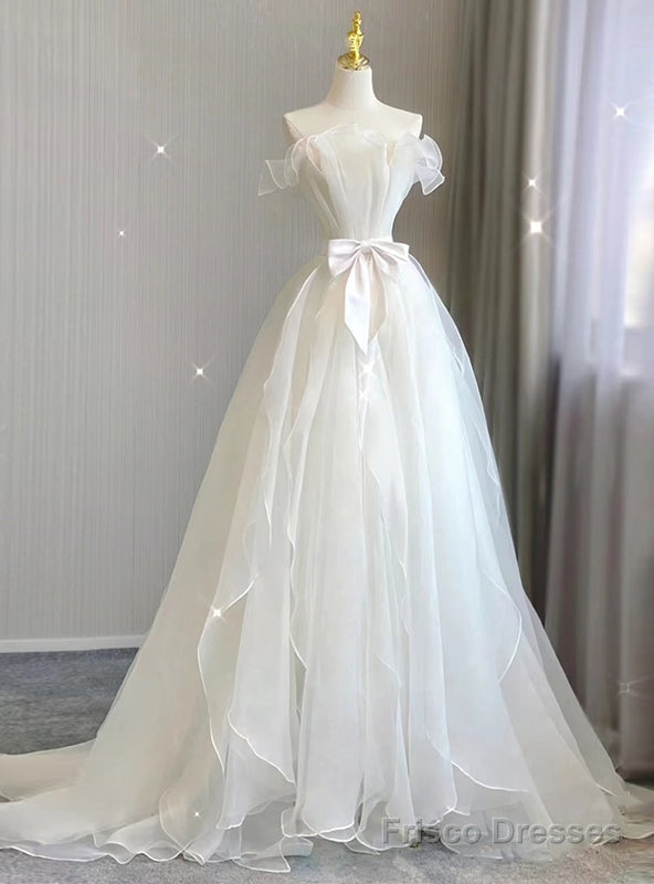White Tulle Strapless Pleats Bow Wedding Dress Main image