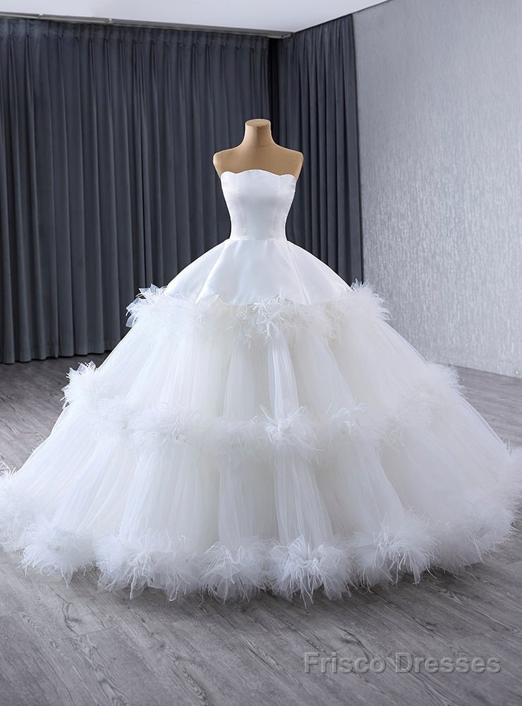 White Tulle Strapless Tiers Feather Wedding Dress Main image