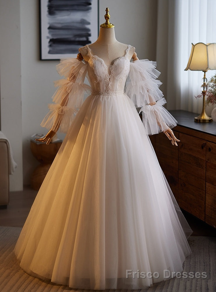 White Tulle Straps Lace Wedding Dress Main image