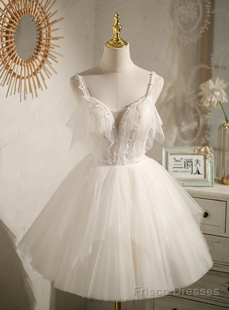 White Tulle Straps Pearls Homecoming Dress Main image