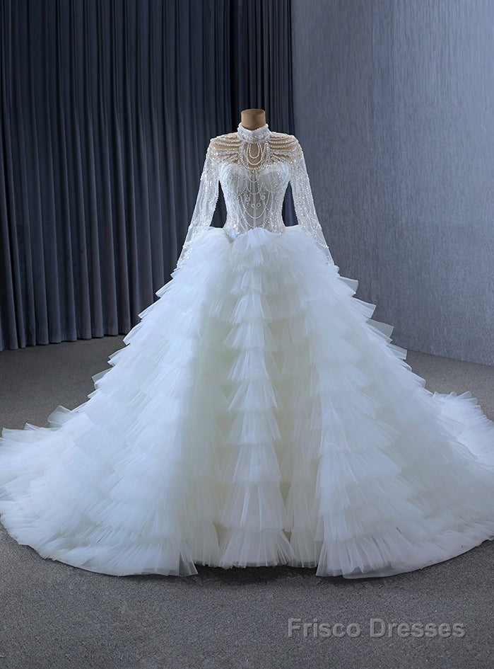 White Tulle Tiers High Neck Long Sleeve Beading Pearls Wedding Dress Main image
