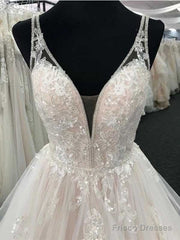 White Tulle V-Neck Open Back Long Wedding Dress,