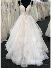 White Tulle V-Neck Open Back Long Wedding Dress,