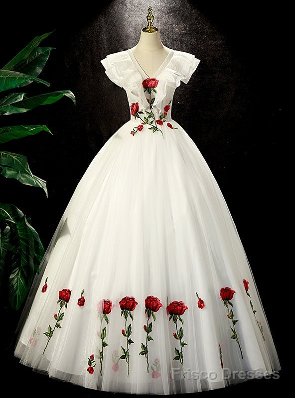 White Tulle V-neck Rose Flower Quinceanera Dress Main image