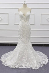 White Tulle Wedding Dress Lace Appliques Spaghetti Straps Mermaid Bridal Dress Open Back