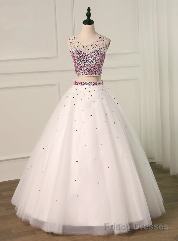 White Two Piece Tulle Crystal Backless Crystal Quinceanera Dresses