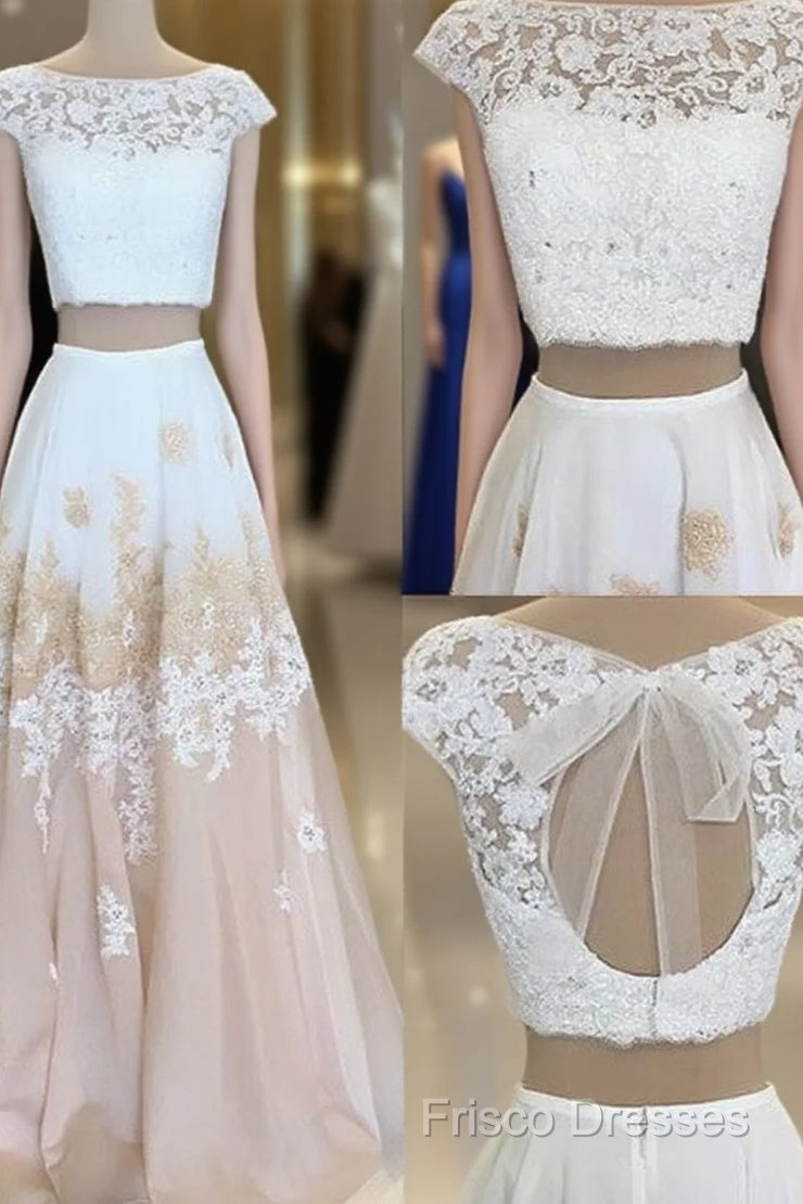 White Two Pieces Lace Long Formal Prom Dress, White Formal Dress