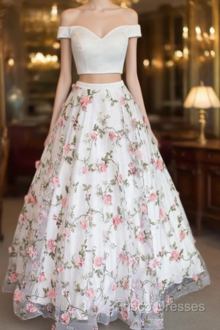 White Two Pieces Tulle Long Formal Prom Dress, Tulle Formal Dress 0021 Main image