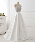 White v neck beads sequin long Formal Prom Dresses, white evening Dresses