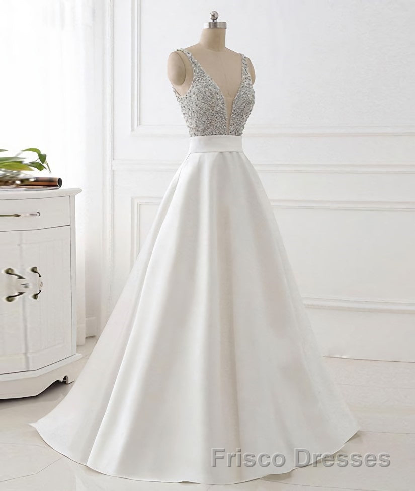 White v neck beads sequin long Formal Prom Dresses, white evening Dresses
