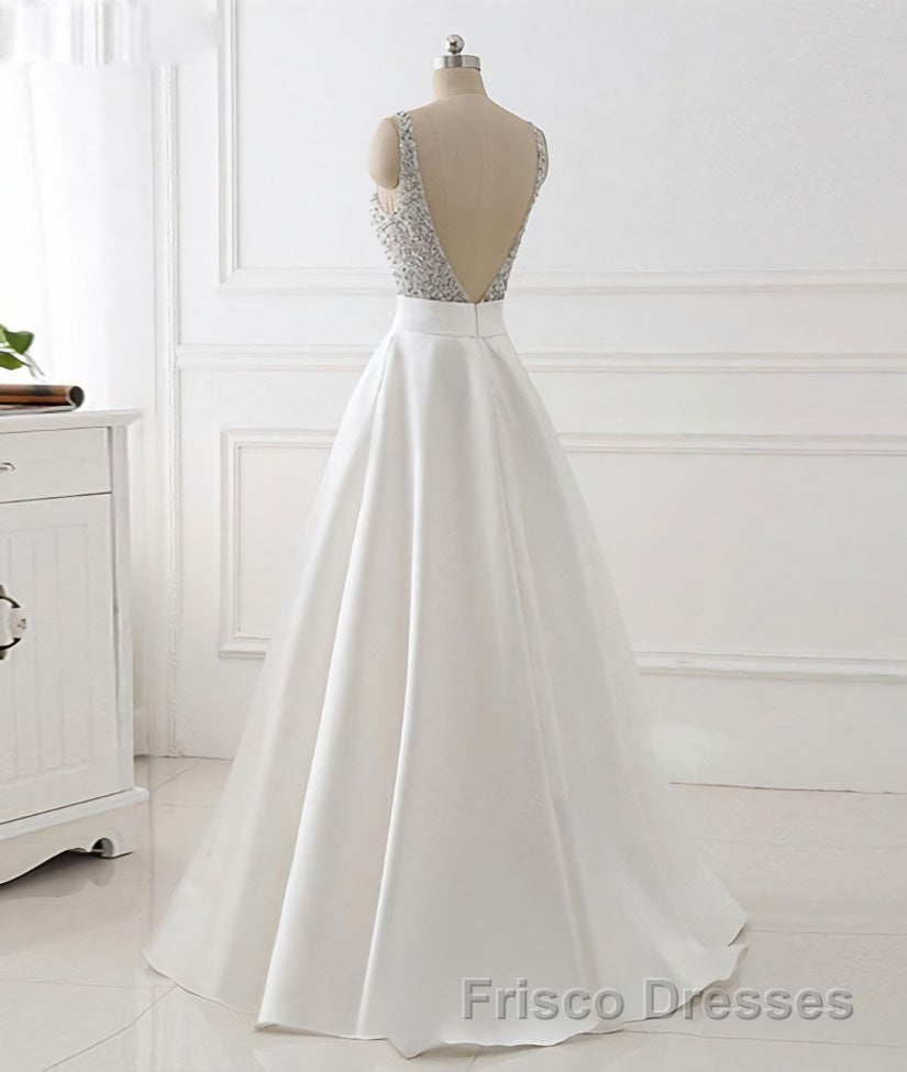 White v neck beads sequin long Formal Prom Dresses, white evening Dresses