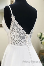 White v neck chiffon long Formal Prom Dresses, white lace evening Dresses