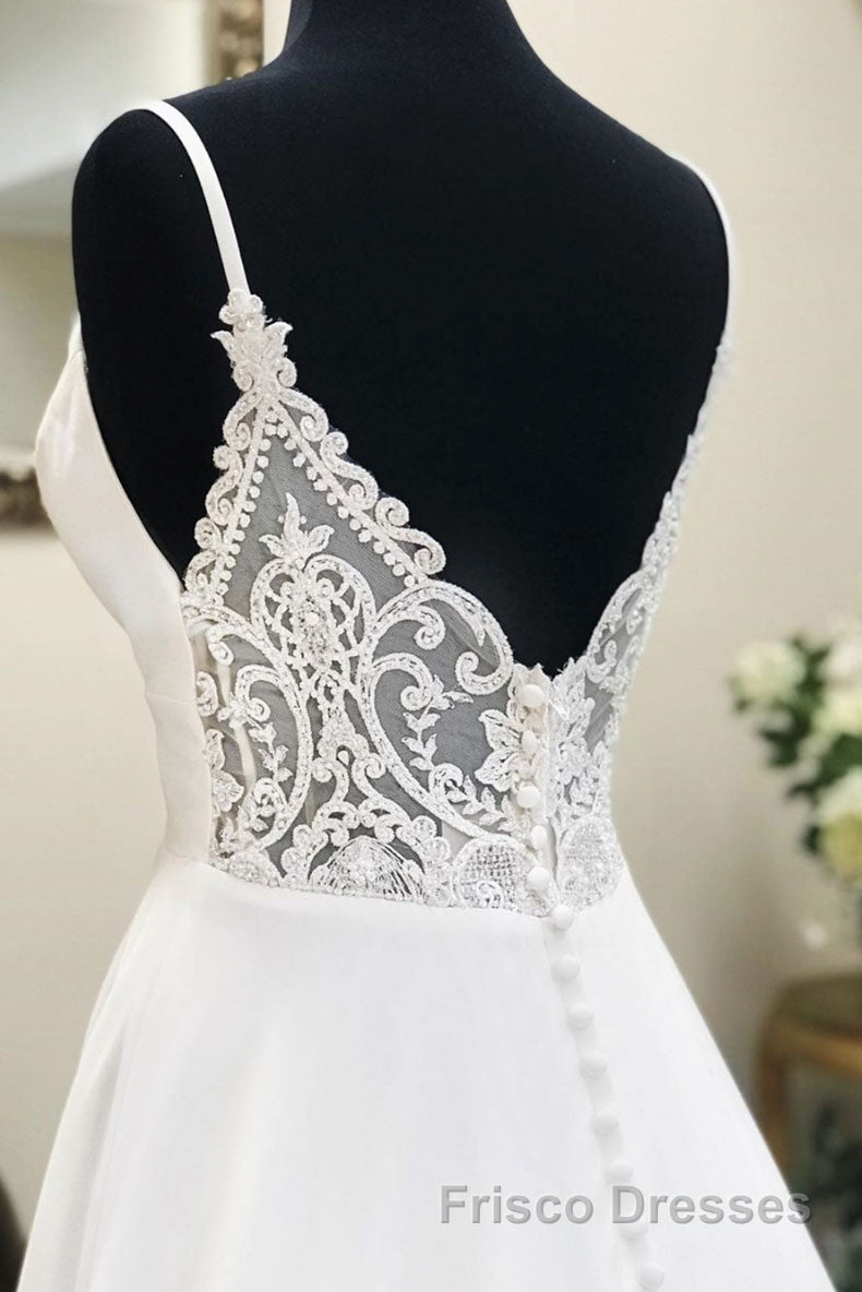 White v neck chiffon long Formal Prom Dresses, white lace evening Dresses