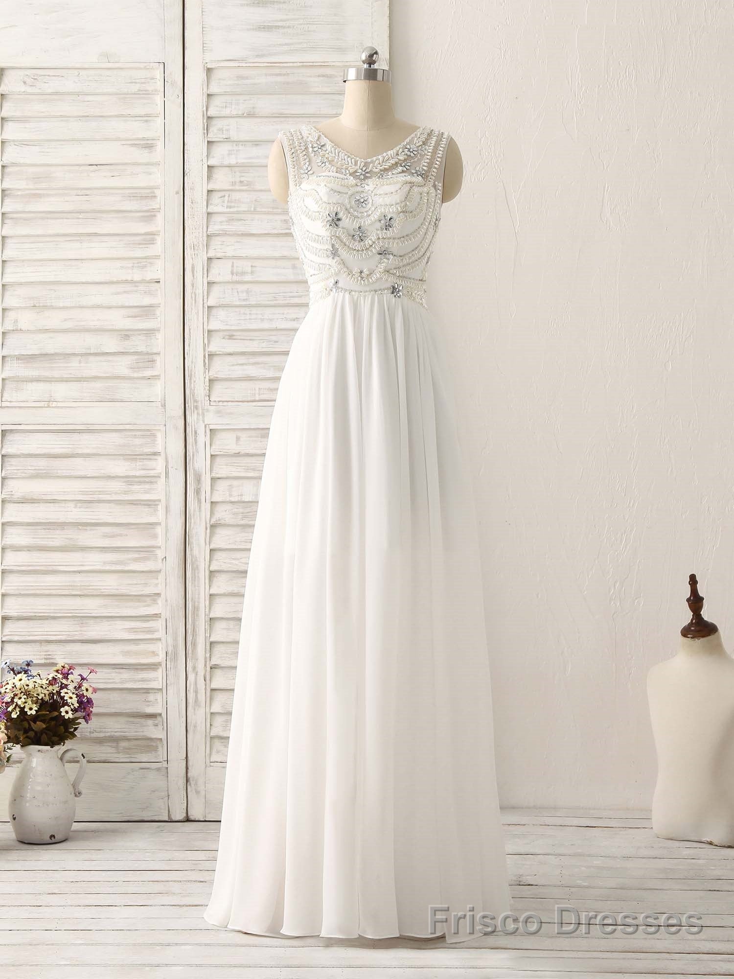 White V Neck Chiffon Long Prom Dresses, White Long Evening Dresses Main image