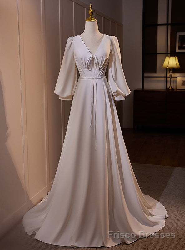 White V-neck Puff Sleeve Wedding Dress Main image