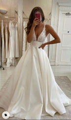 White V Neck Satin Lace Long Prom Dress Evening Dress