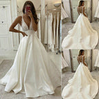 White V Neck Satin Lace Long Prom Dress Evening Dress