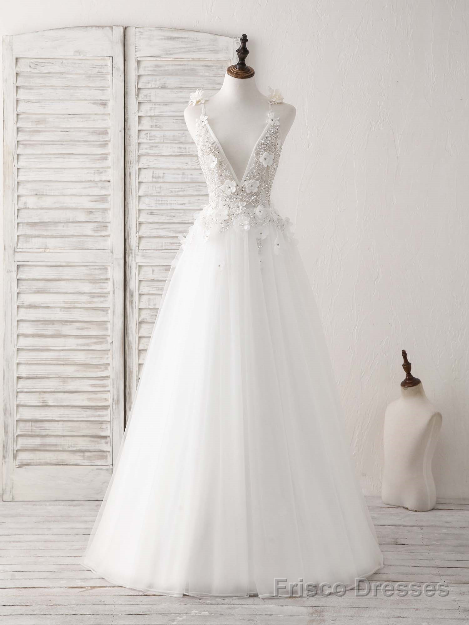 White V Neck Tulle Beads Long Prom Dress White Evening Dress Secondary image