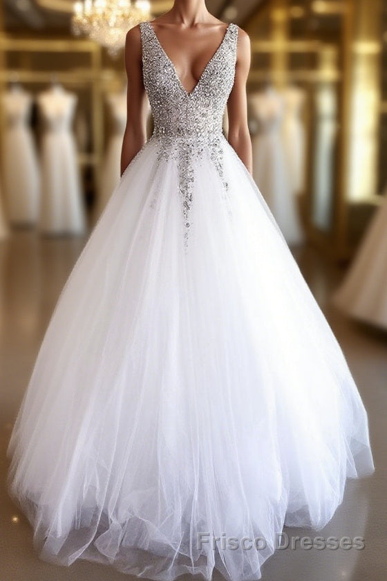 White v neck tulle beads sequin long Formal Prom Dresses white evening Dresses