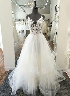 White V Neck Tulle Lace Long Prom Dress, Wedding Dress Main image