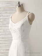 White V Neck Tulle Lace Long Prom Dress White Evening Dress