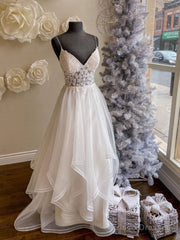 White V Neck Tulle Lace Long Prom Dress, White Lace Evening Dress
