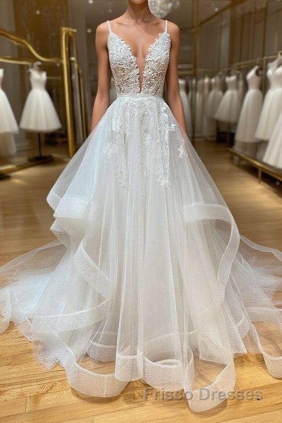 White v neck tulle lace long Formal Prom Dresses, white lace formal Dresses Main image