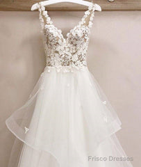 White V Neck Tulle Lace Long Prom Dress, White V Neck Evening Dress