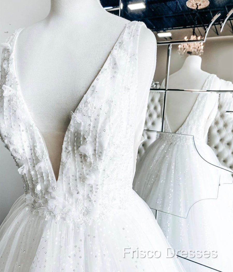 White V Neck Tulle Lace Long Formal Prom Gown Wedding Dress Secondary image