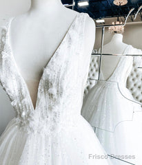 White V Neck Tulle Lace Long Prom Gown Wedding Dress