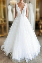 White V Neck Tulle Lace Long Formal Prom Gown Wedding Dress