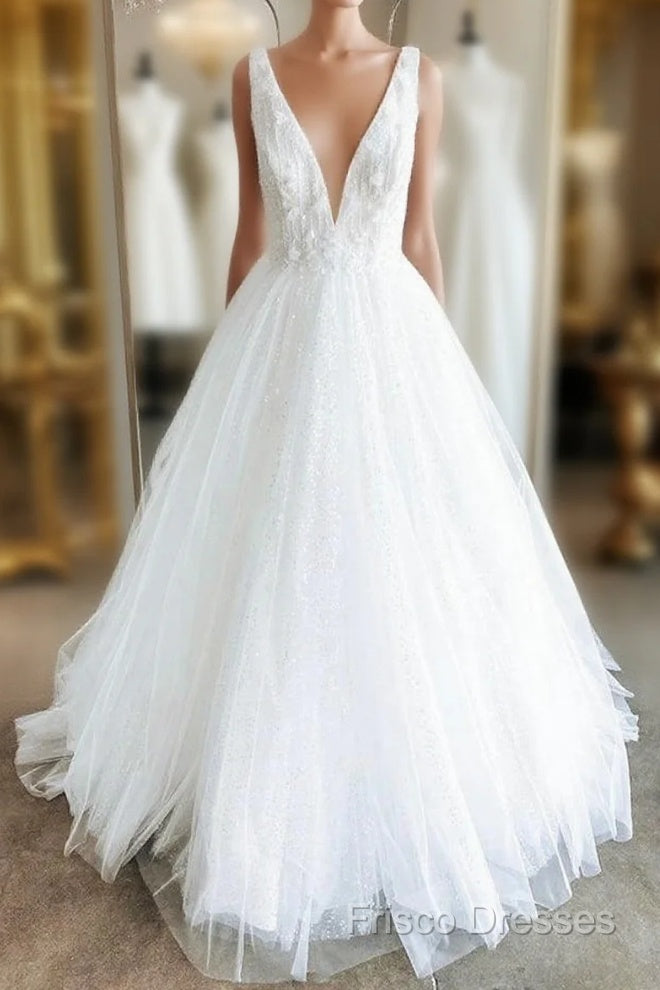 White V Neck Tulle Lace Long Formal Prom Gown Wedding Dress