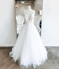 White V Neck Tulle Lace Long Prom Gown Wedding Dress
