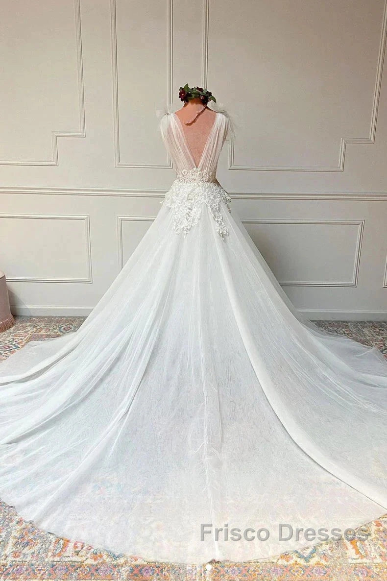 White V Neck Tulle Lace Long Wedding Dress Secondary image