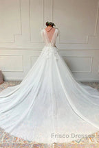 White V Neck Tulle Lace Long Wedding Dress
