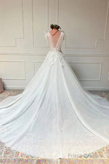 White V Neck Tulle Lace Long Wedding Dress