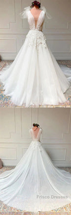 White V Neck Tulle Lace Long Wedding Dress