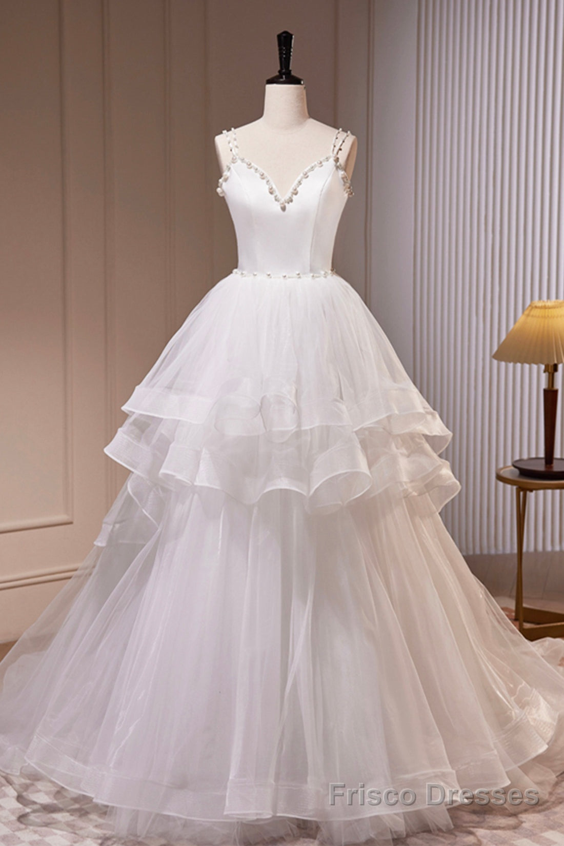 White V-Neck Tulle Long Prom Dress, A-Line Evening Dress with Train Secondary image