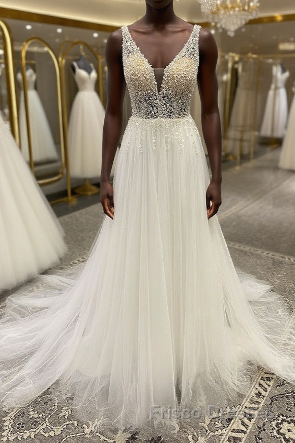 White v neck tulle sequin beads long Formal Prom Dresses, A line evening Dresses