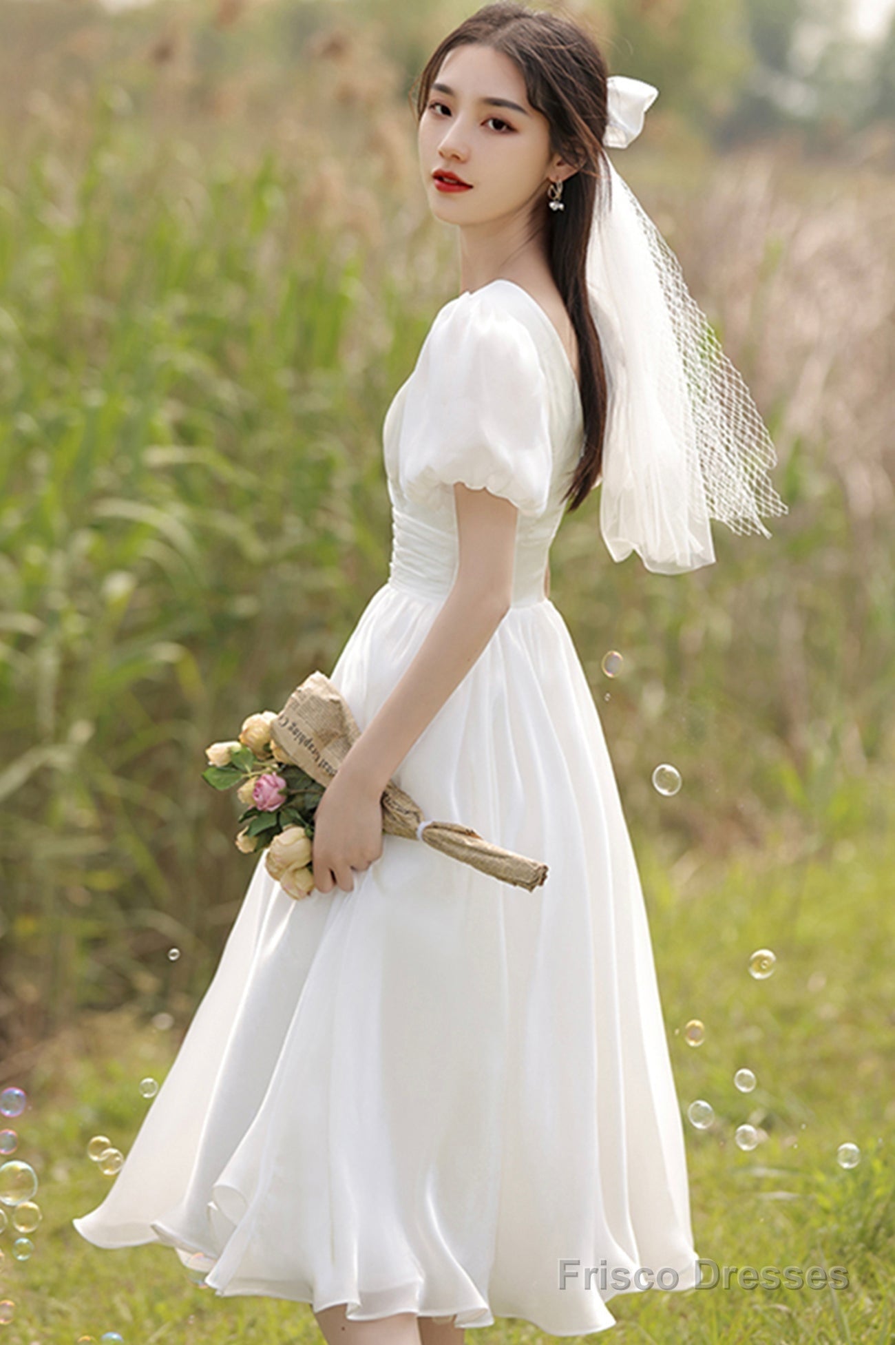 White V-Neck Tulle Short Prom Dress, Cute A-Line Evening Party Dress