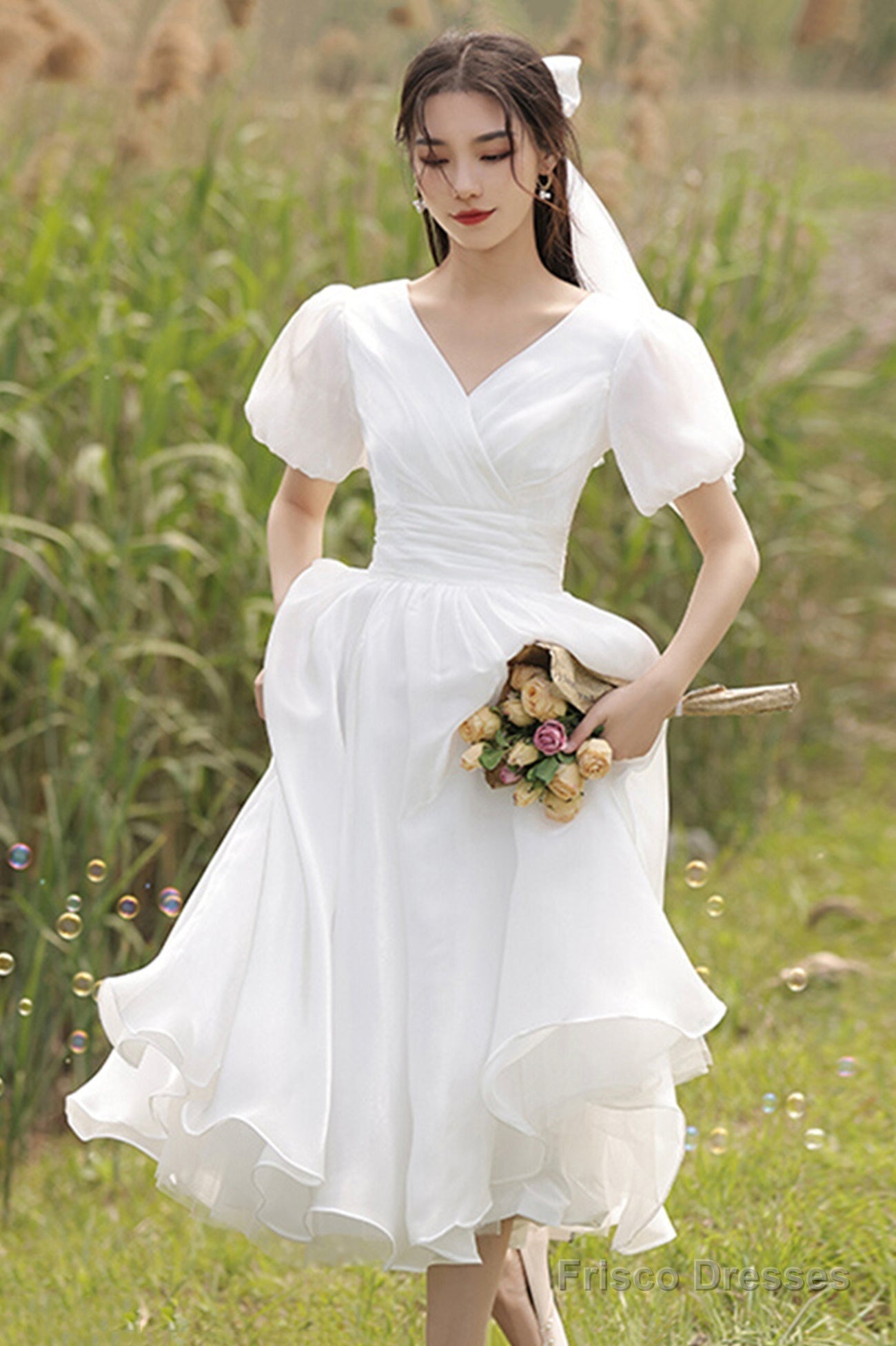 White V-Neck Tulle Short Prom Dress, Cute A-Line Evening Party Dress Main image