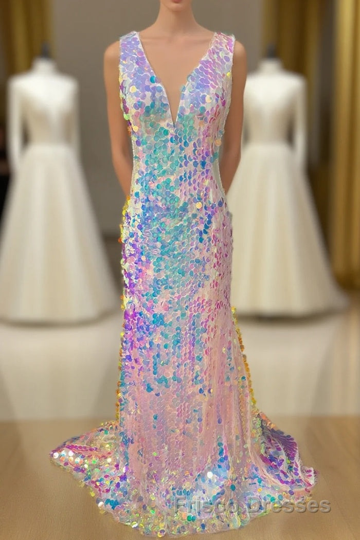Mermaid V-Neck Sequined Long Formal Prom Dress Main image