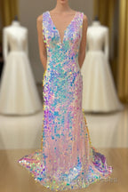 Mermaid V-Neck Sequined Long Formal Prom Dress