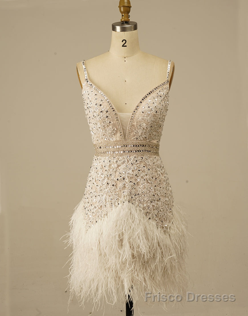 Gorgeous White Spaghetti Straps Beaded Homecoming Dress With Feather