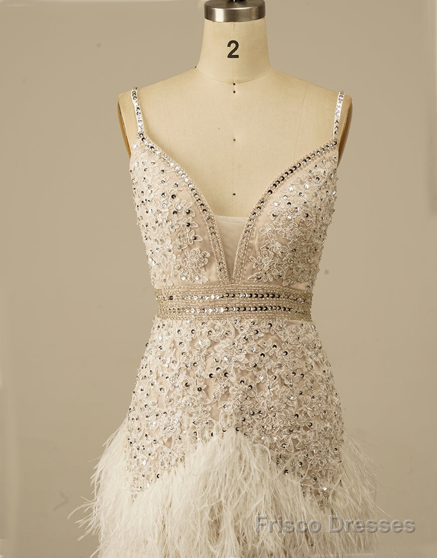 Gorgeous White Spaghetti Straps Beaded Homecoming Dress With Feather Main image